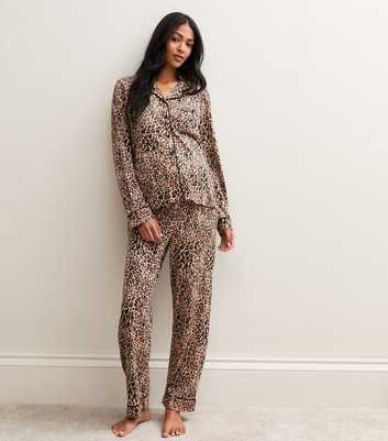 Maternity Brown Cotton Rich Leopard Print Revere Collar Pyjama Set