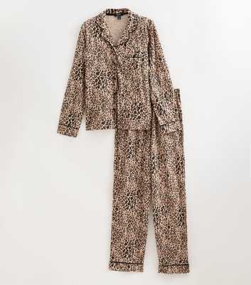 Maternity Brown Cotton Rich Leopard Print Revere Collar Pyjama Set