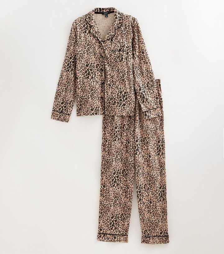 Maternity Brown Cotton Rich Leopard Print Revere Collar Pyjama Set