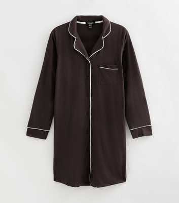 Maternity Dark Brown Cotton Revere Collar Piped Trim Nightshirt