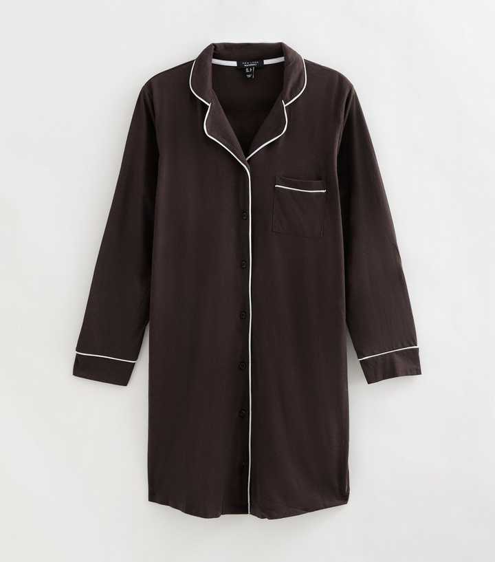 Maternity Dark Brown Cotton Revere Collar Piped Trim Nightshirt