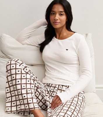 Petite Cream Cotton Check Heart Print Long Sleeve Pyjama Set
