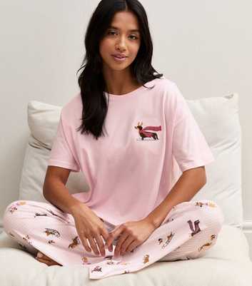 Petite Pink Cotton Sausage Dog Embroidered Short Sleeve Pyjama Set