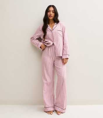 Petite Pink Cotton Striped Revere Collar Pyjama Set
