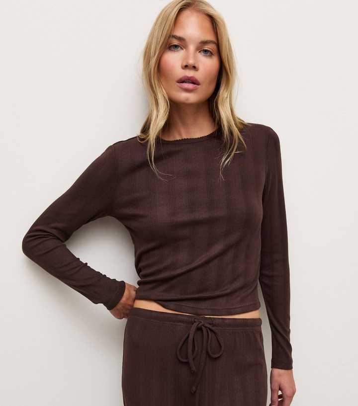 Dark Brown Pointelle Long Sleeve Pyjama Top