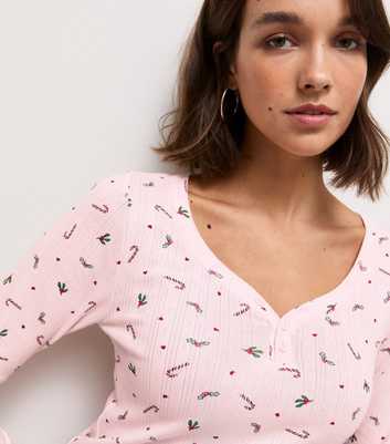 Pink Cotton Pointelle Candy Cane Sweetheart Long sleeve Top