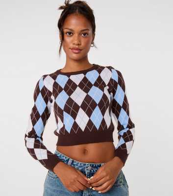 Pink Vanilla Dark Brown Cropped Argyle Knit Jumper