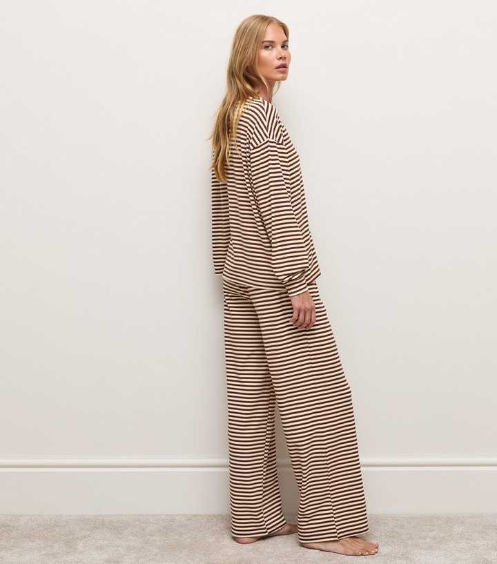 Brown Cosy Stripe Jersey Wide Leg Trousers