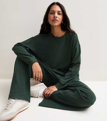 Dark Green Jersey Wide Leg Joggers