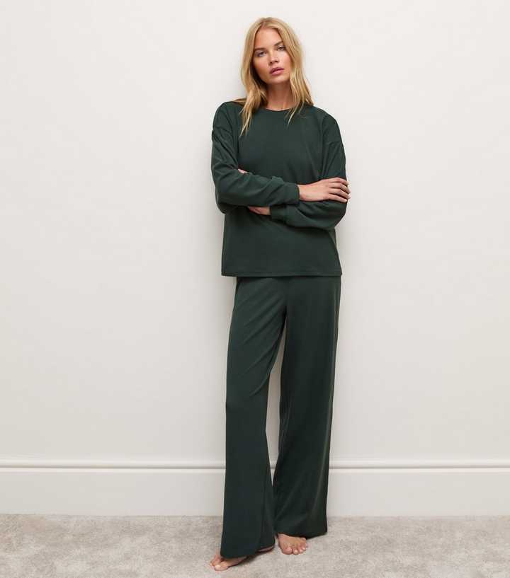 Dark Green Jersey Wide Leg Joggers