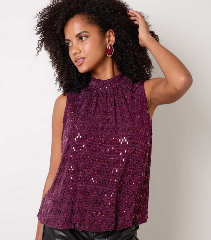 Blue Vanilla Dark Burgundy High Neck Lurex Puff Ball Blouse