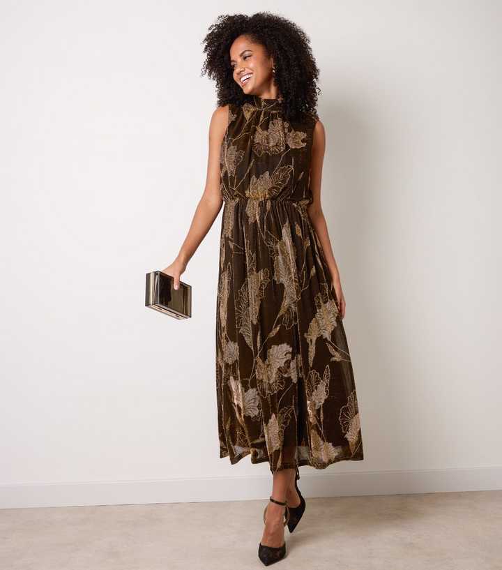 Blue Vanilla Bronze Floral High Neck Midi Dress
