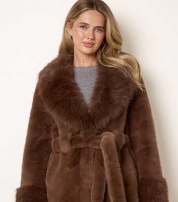 Blue Vanilla Brown Plush Faux Fur Belted Coat