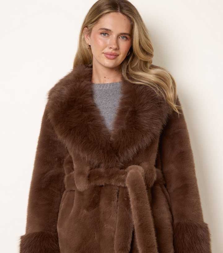 Blue Vanilla Brown Faux Fur Belted Cuffed Sleeve Short Coat