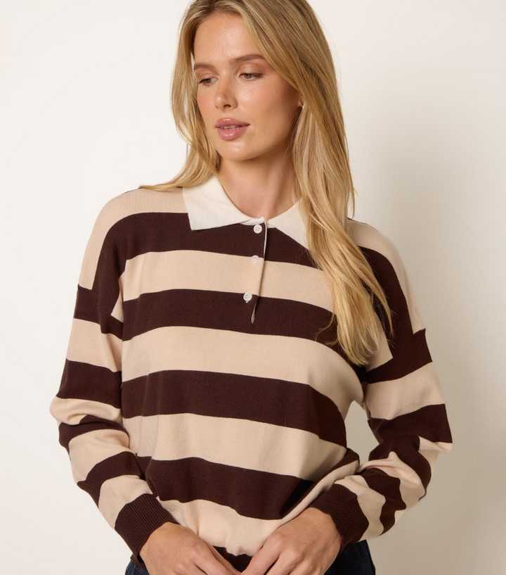Blue Vanilla Dark Brown Striped Long Sleeve Polo T-Shirt