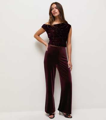 Petite Dark Burgundy Velvet Wide Leg Trousers