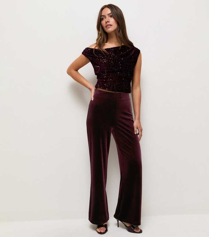 Petite Dark Burgundy Velvet Wide Leg Trousers