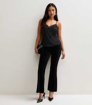 Petite Black Jersey Velvet Flared Leg Trousers