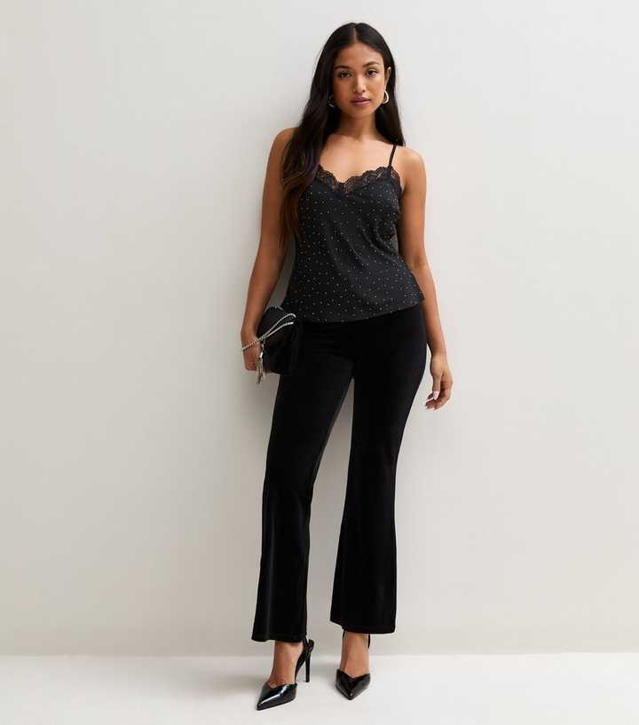 Petite Black Jersey Velvet Flared Leg Trousers