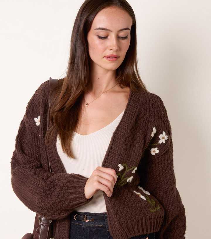 Blue Vanilla Dark Brown Knitted Flower Embroidered Cardigan