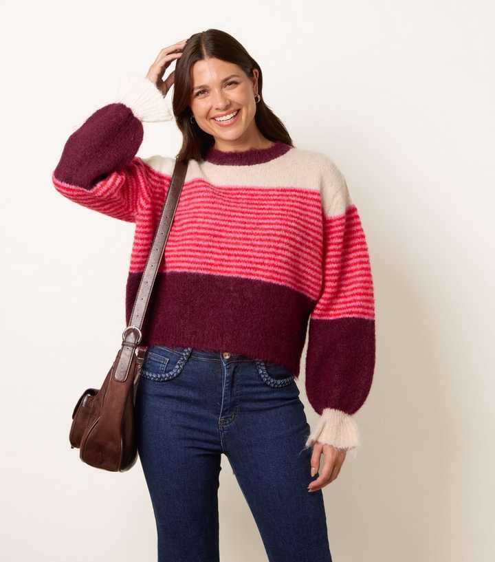 Blue Vanilla Dark Burgundy Striped Round Neck Knit Jumper
