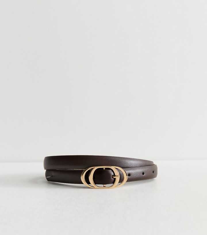 Dark Brown Faux Leather Oval Buckle Skinny Belt