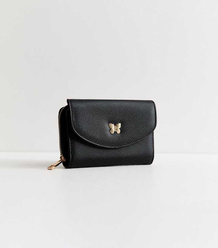 Black Faux Leather Butterfly Charm Pebble Textured Purse