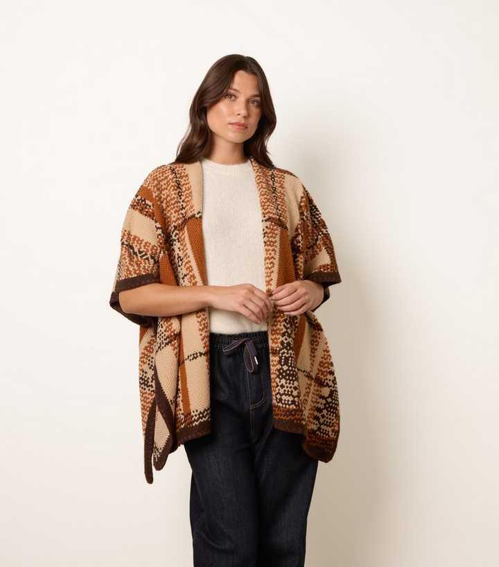 Blue Vanilla Brown Geometric Patchwork Poncho