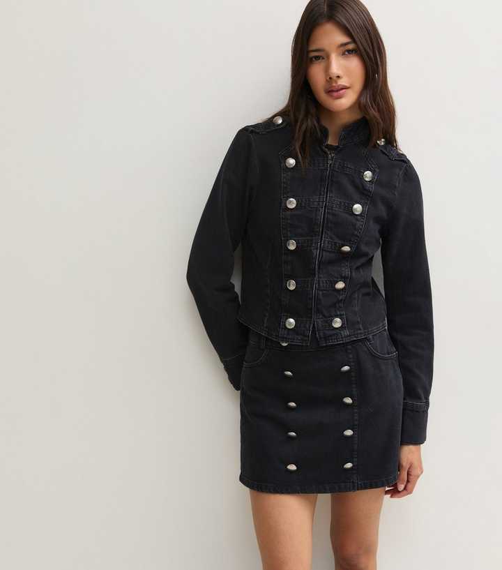 Black Cotton Military Denim Jacket
