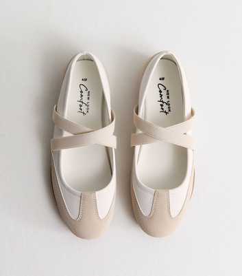 Off White and Oatmeal Faux Leather Sports Ballet Flats