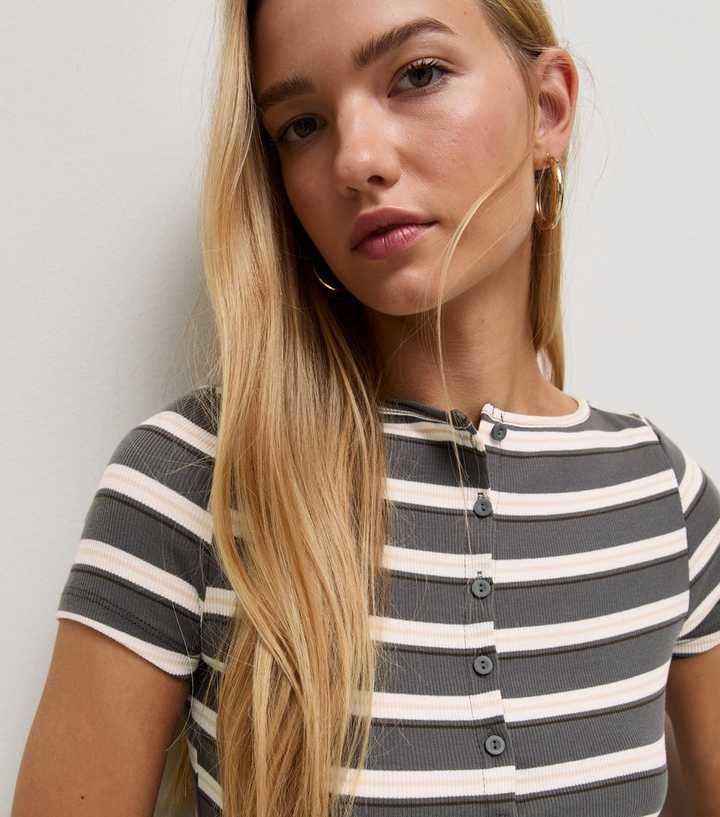 Grey Cotton Rich Striped Button Through Baby Tee T-Shirt