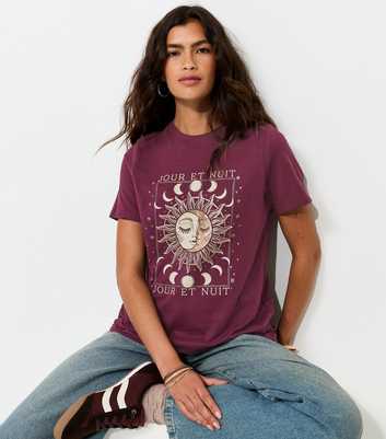 Dark Burgundy Cotton Jour Et Nuit Print Relaxed T-Shirt