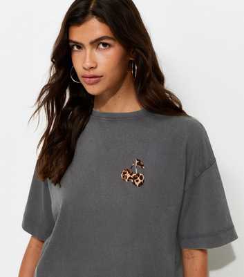 Dark Grey Cotton Leopard Cherry Print Oversized T-Shirt