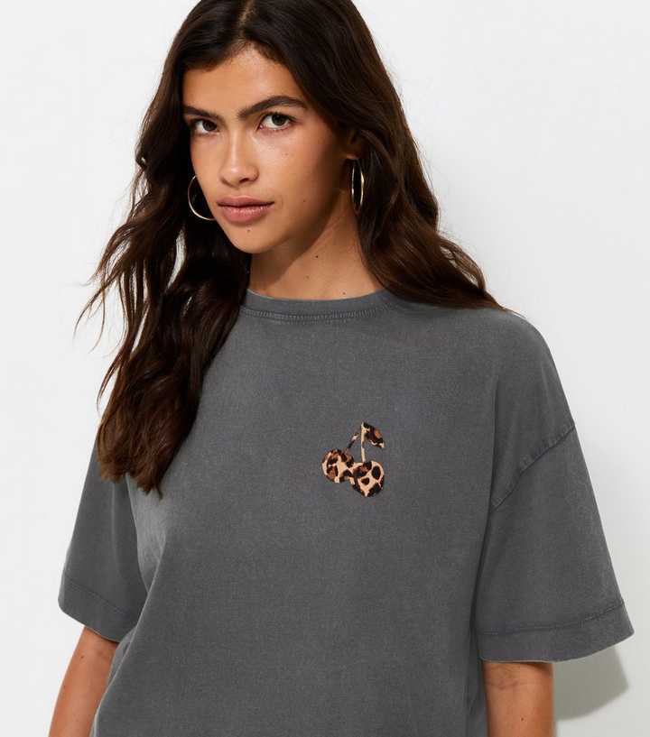 Dark Grey Cotton Leopard Cherry Print Oversized T-Shirt