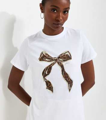 White Cotton Leopard Print Bow Relaxed T-Shirt