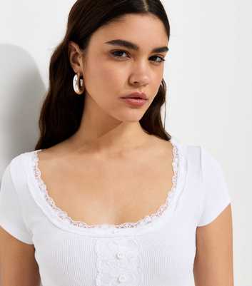 White Cotton-Rich Rib Lace Trim Henley T-Shirt