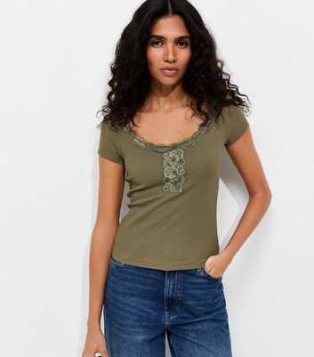 Khaki Cotton-Rich Rib Lace Trim Henley T-Shirt