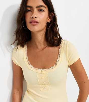 Light Yellow Cotton-Rich Rib Lace Trim Henley T-Shirt