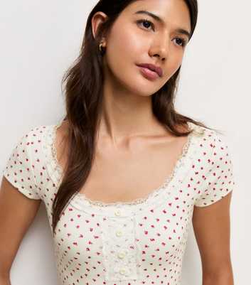 Cream Cotton Rich Ditsy Print Ribbed Lace Trim Henley Top