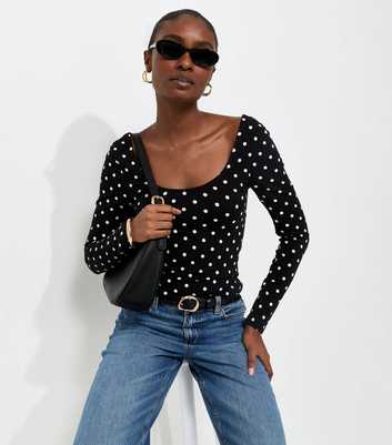 Black Cotton Rich Polka Dot Long Sleeve Scoop Neck Top