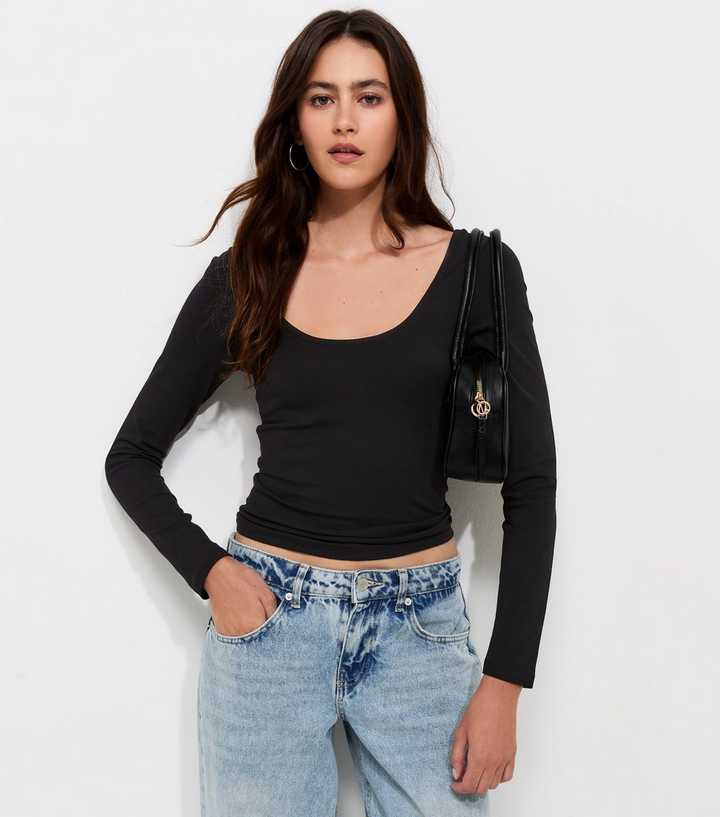 Black Cotton Rich Long Sleeve Scoop Neck Top