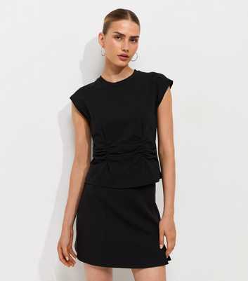 Black Cotton Rich Ruched Waist Cap Sleeve T-Shirt