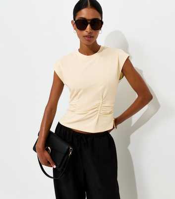 Light Yellow Cotton Rich Ruched Waist Cap Sleeve T-Shirt