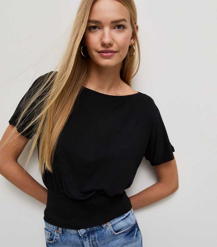 Black Jersey Draped Wide Waistband Top