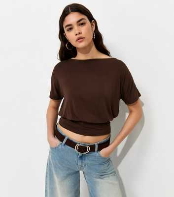 Dark Brown Jersey Draped Wide Waistband Top