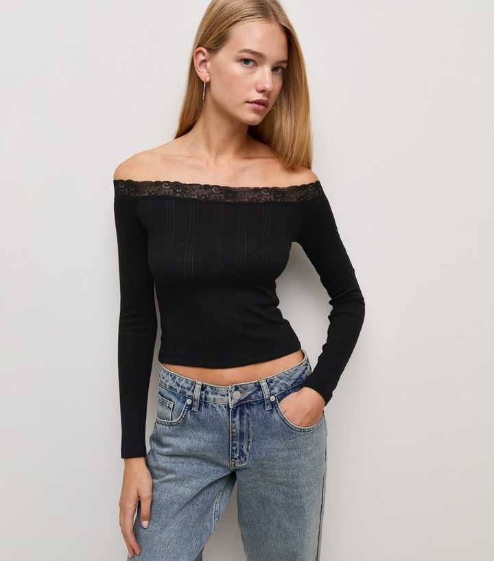 Black Long Sleeve Pointelle Lace Trim Bardot Top