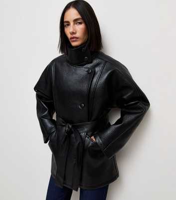 Black Faux Leather Funnel Neck Biker Jacket