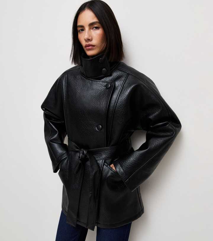 Black Faux Leather Borg Lined Funnel Neck Biker Jacket