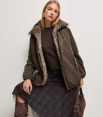 Dark Khaki Faux Fur Collar Padded Parka