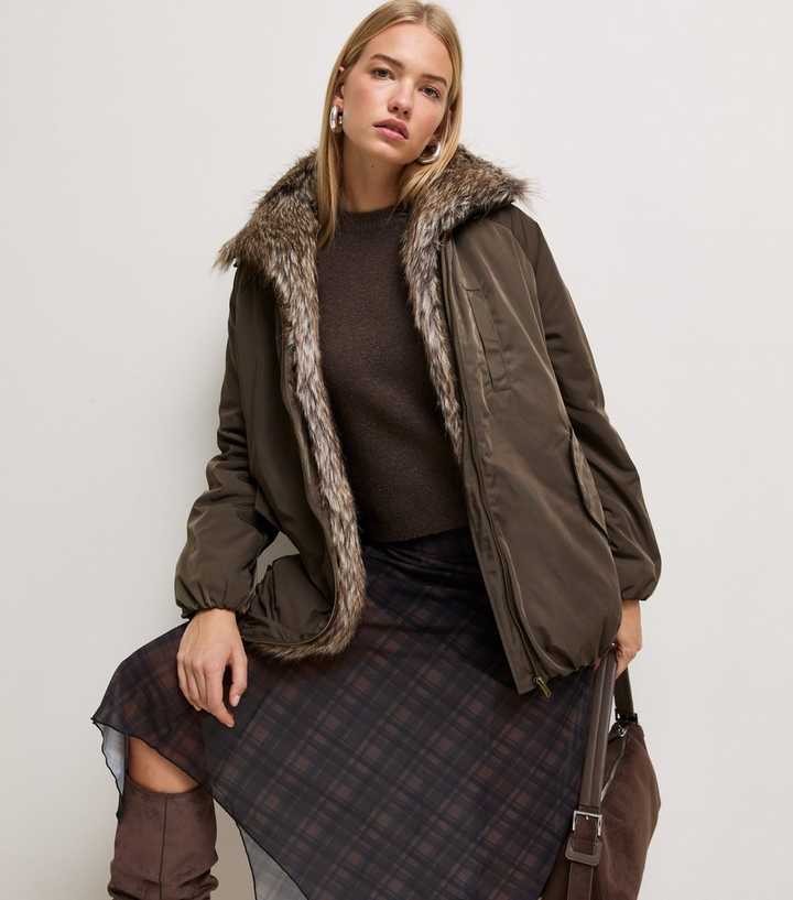 Dark Khaki Faux Fur Collar Padded Parka
